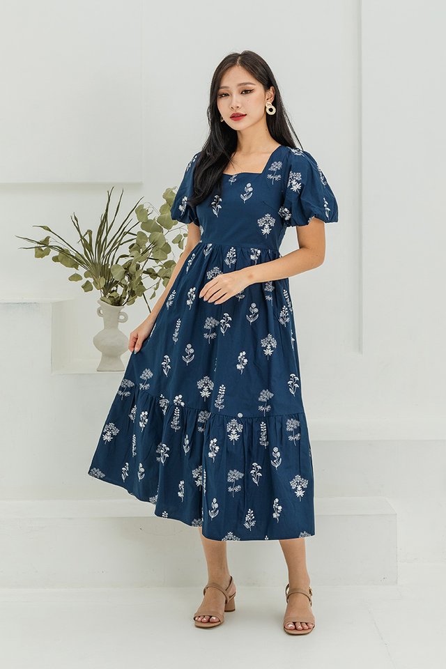 Floral Bouquet Embroidery Dress in Navy