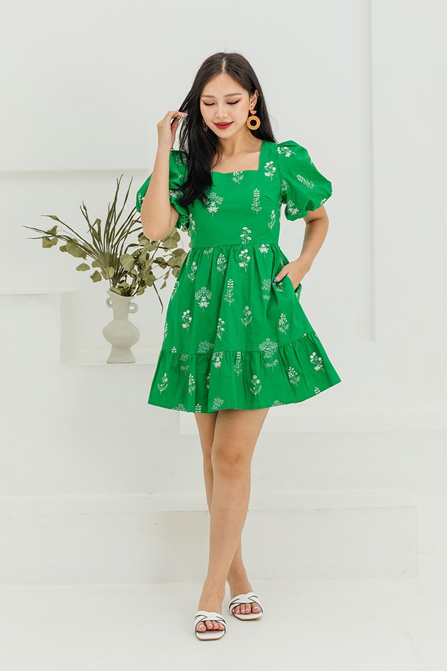 Floral Bouquet Embroidery Mini Dress in Kelly Green