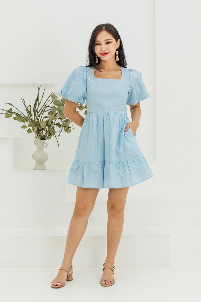 Floral Bouquet Embroidery Mini Dress in Light Blue