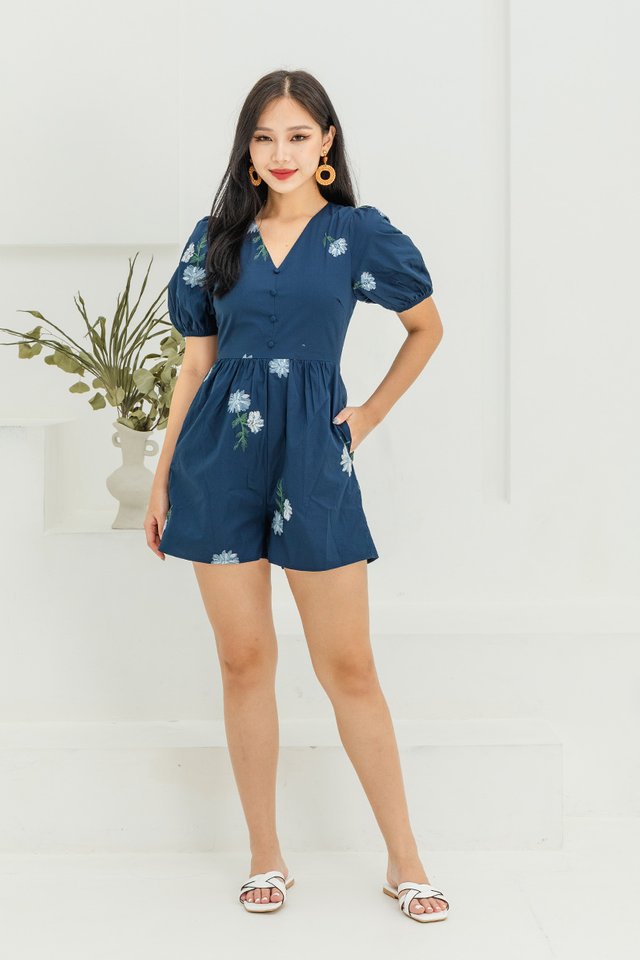 Floral Fields Embroidery Romper in Navy