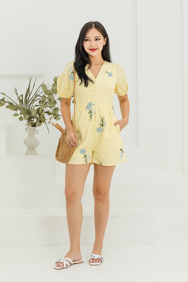 Floral Fields Embroidery Romper in Yellow