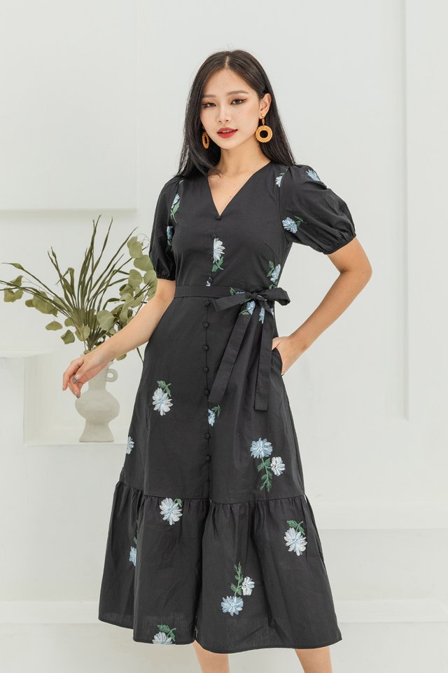 Floral Fields Faux Buttons Embroidery Dress in Black