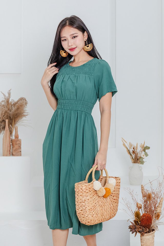 Simple Perfection Ruched Dress in Middle Green