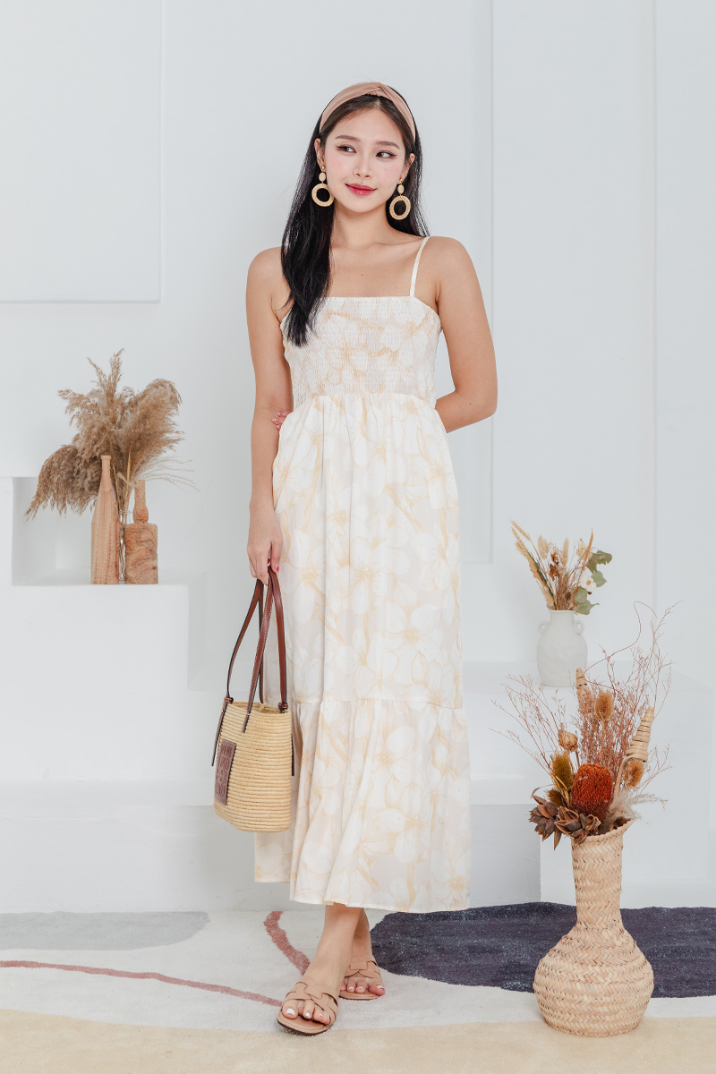 Island Escapade Smocked Spag Dress in Beige Florals FlymetoParis