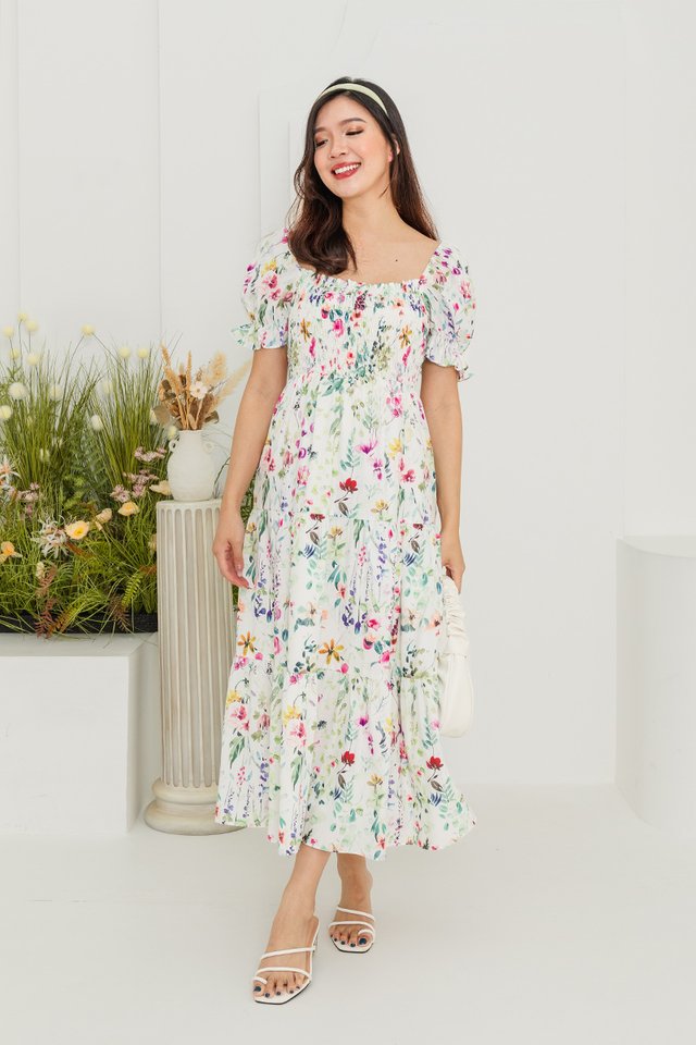 (NEW Print!) Dainty Fields Smocked Dress in White Floral Garden