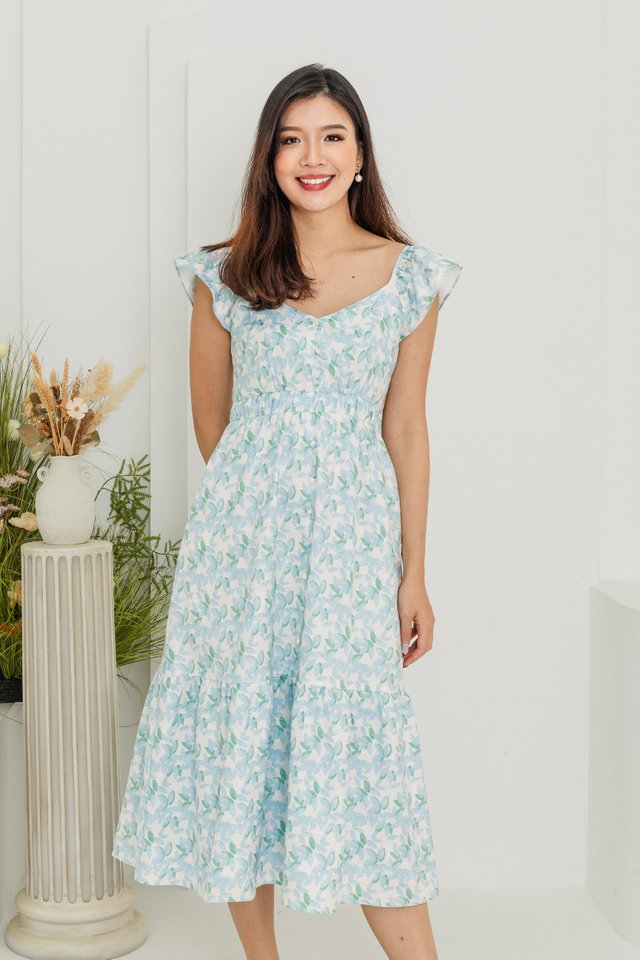 On Cloud Nine Buttons Dress in Blue Floral