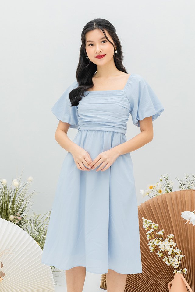 Lovely Date Ruched Puffy Sleeves Dress in Cinderella Blue