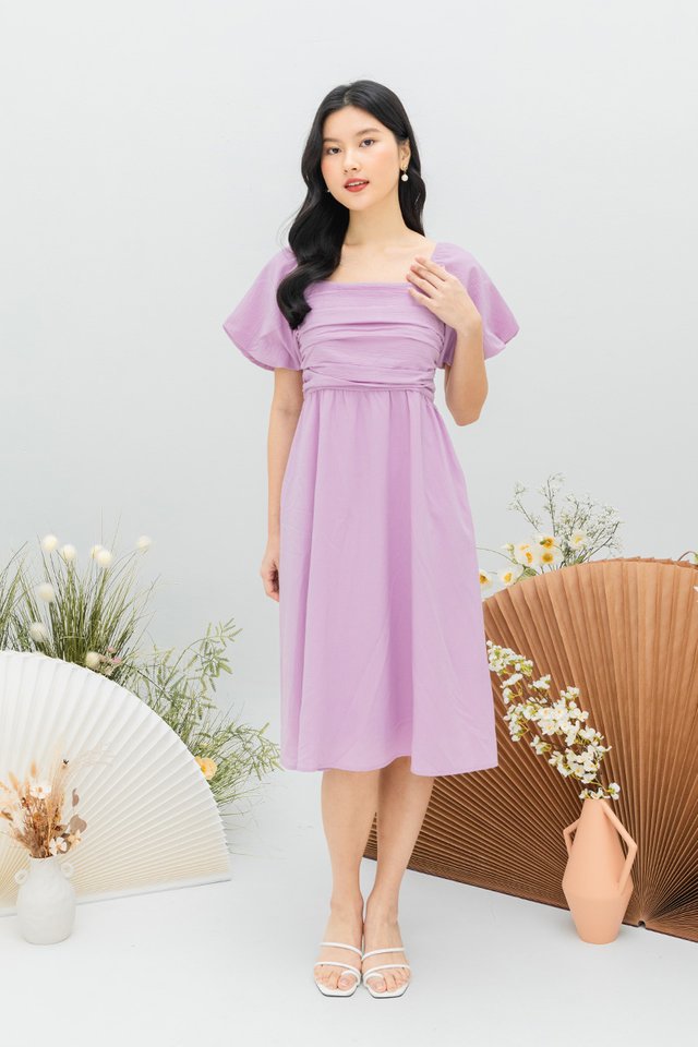 Lovely Date Ruched Puffy Sleeves Dress in Sweet Lilac