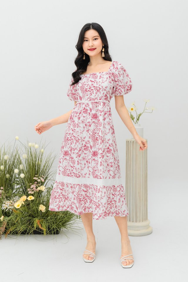 Oriental Blooms Midi Dress in Red Chinoiserie