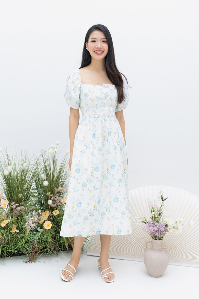 Botanical Pixie Ruched Waist Dress in Blue Honey