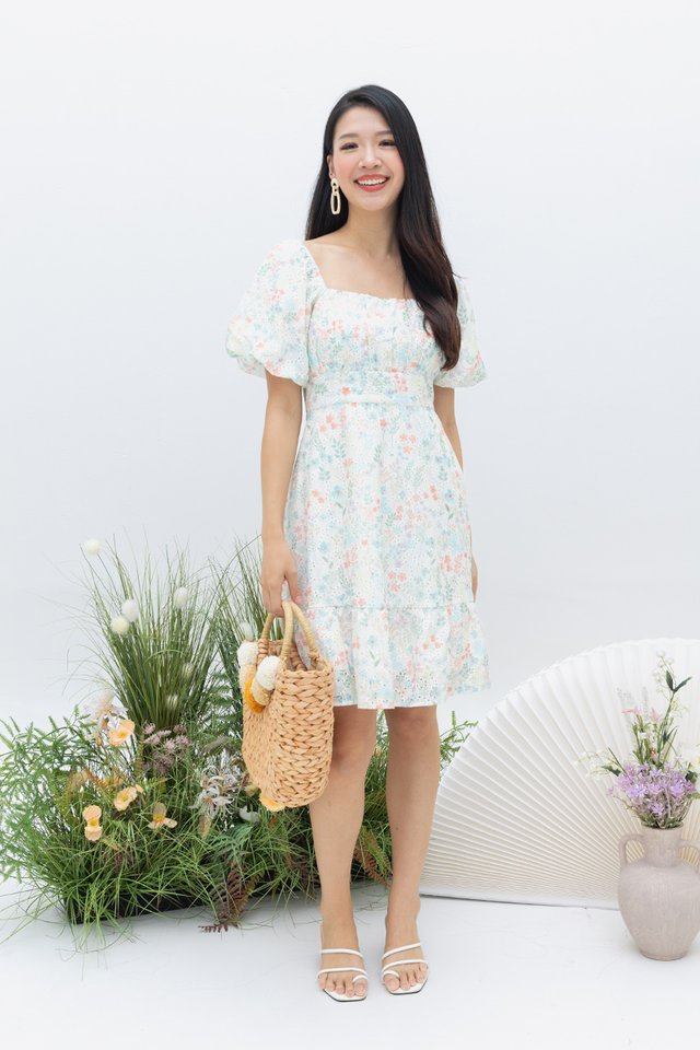 Butterfly Garden Eyelet Dress in Coral Blue