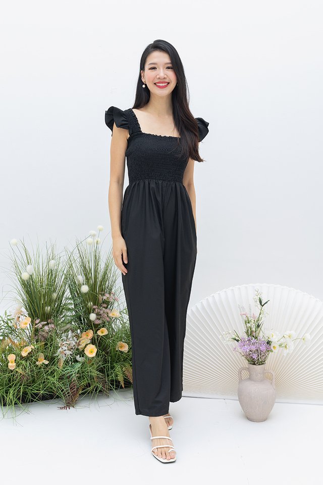 Flutter Fairy Smocked Jumpsuit in Black