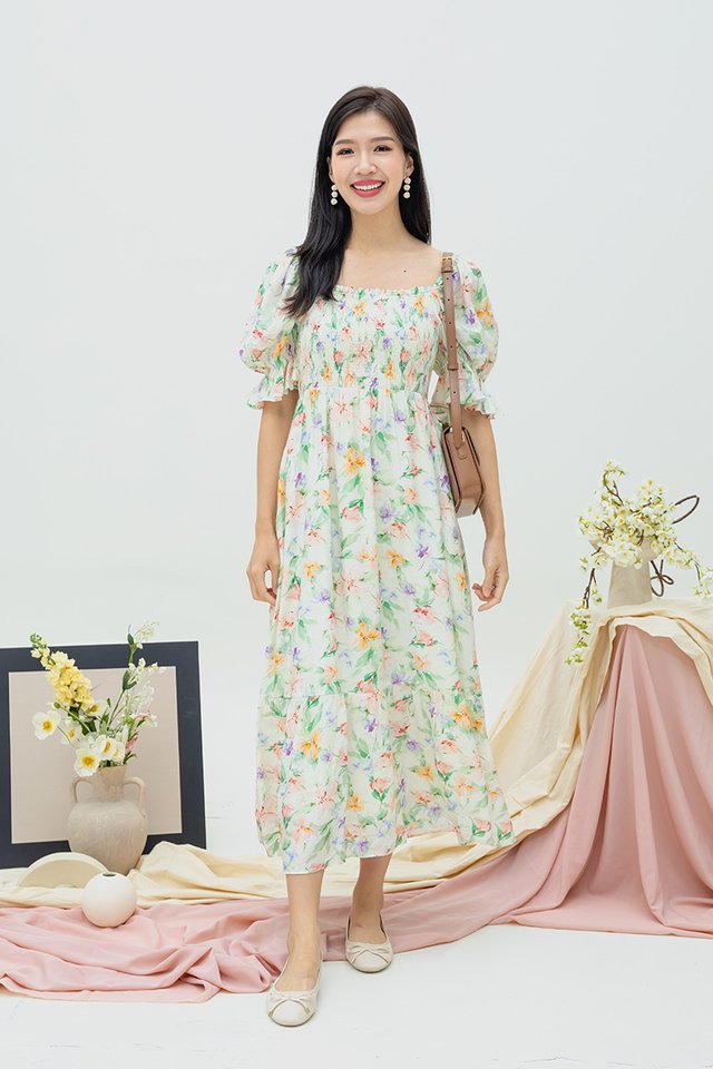 Springtime Smocked Dress in Cream Pansies