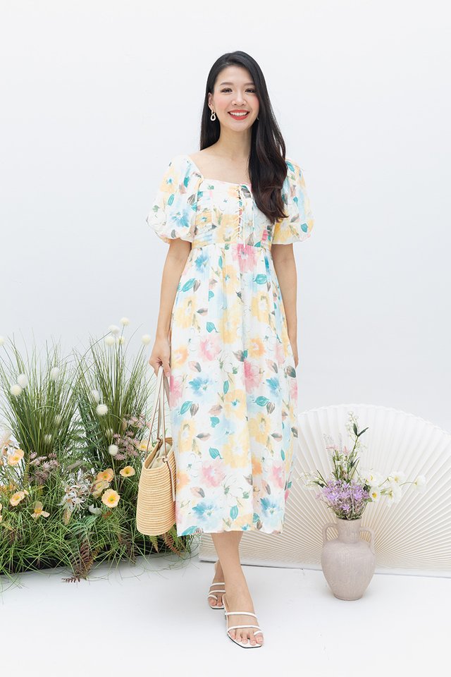 Genna Lace-Up Dress in Canary Yellow Florals