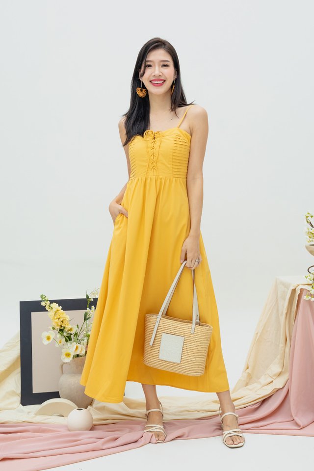 Genna Lace-Up Spag Dress in Marigold