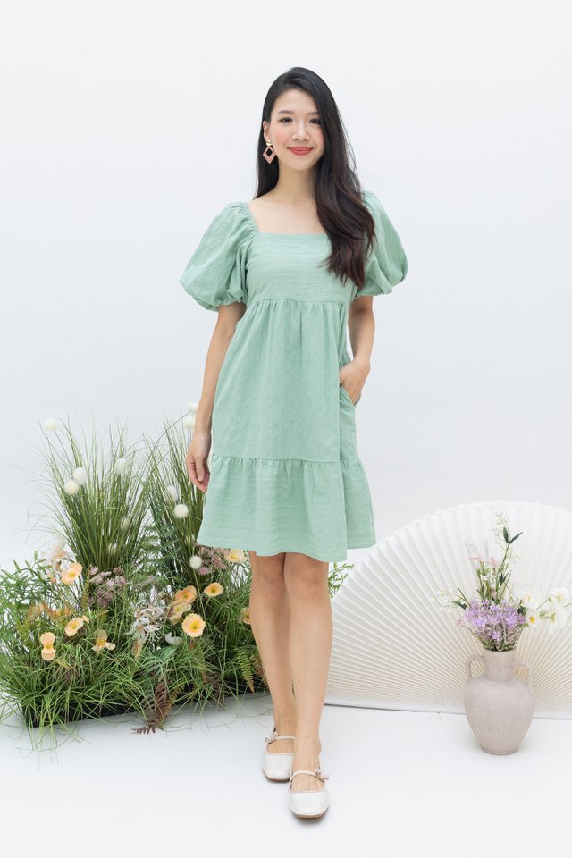 Girly Vibes Babydoll Dress in Chalk Green