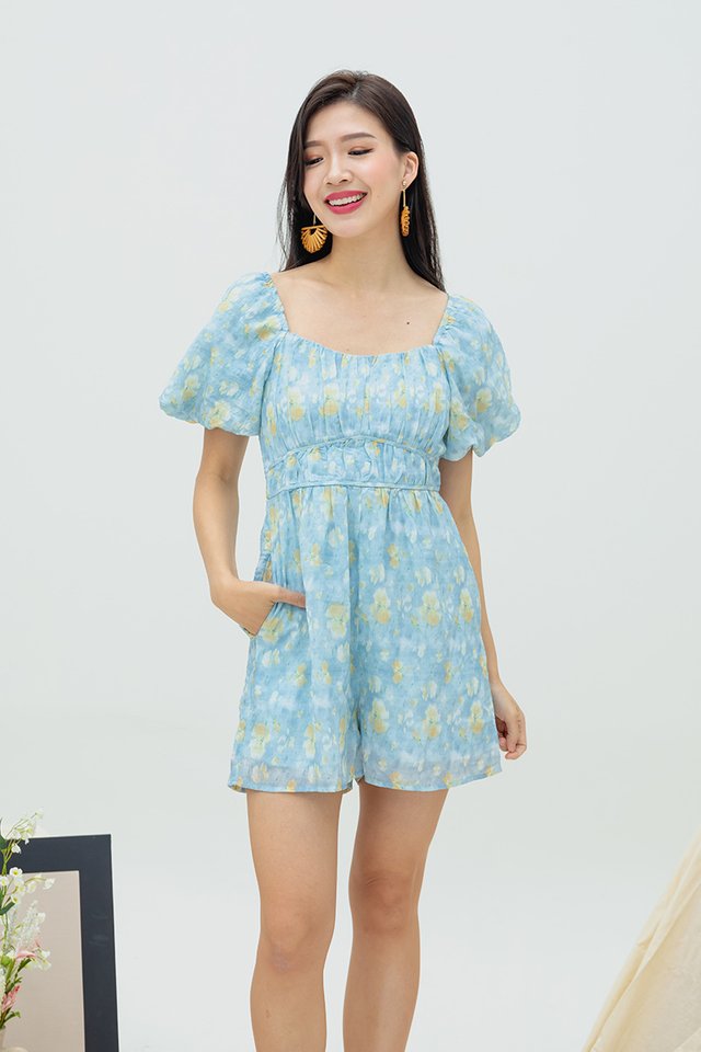 Kalia Ruched Detail Romper in Blue Florals