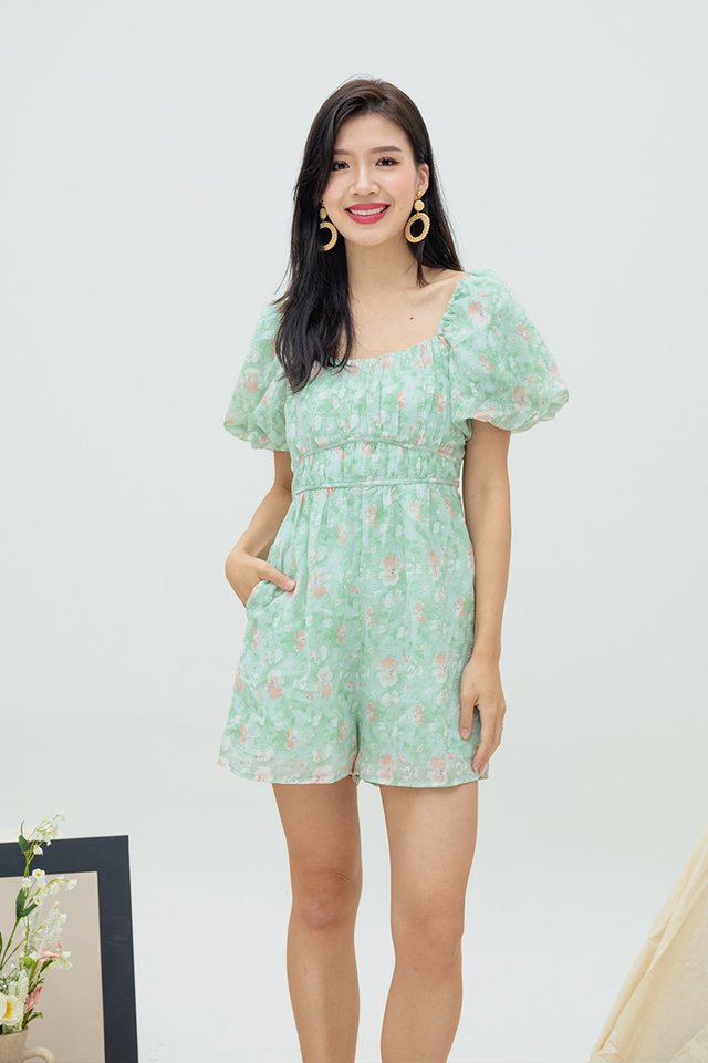 Kalia Ruched Detail Romper in Green Florals