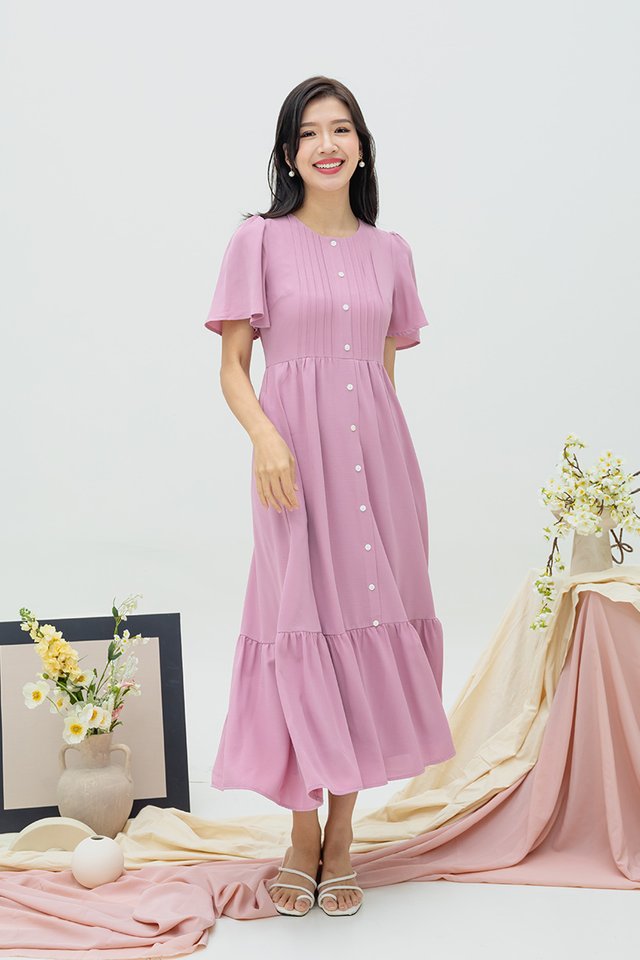 Parisienne Pleated Buttons Dress in Orchid Pink