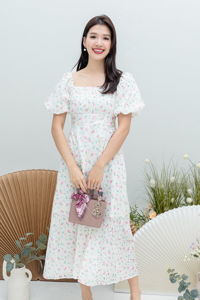 Charming Lady Eyelet Dress in Pink Blossoms