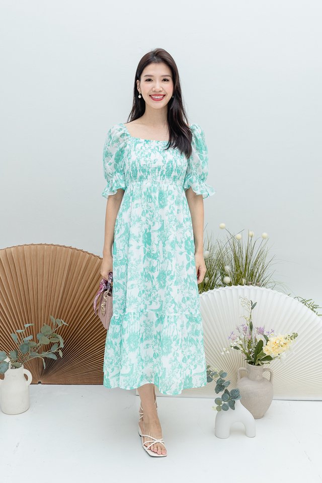 Flower Market Smocked Midi Dress in Clover Green Woodland
