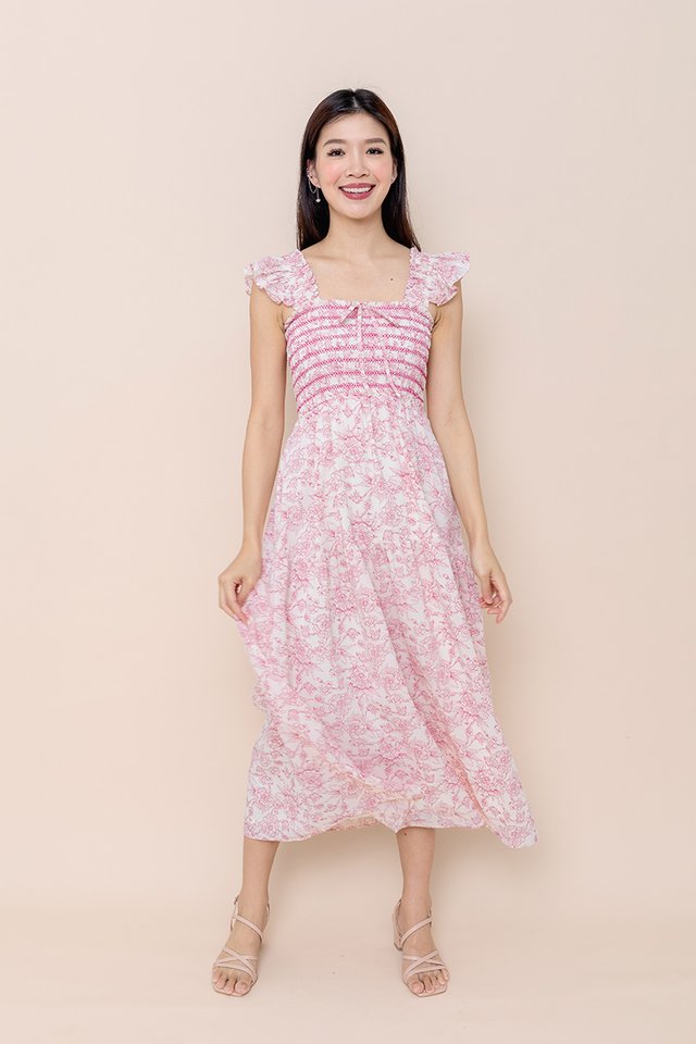 Flutter Fairy Contrast Stitching Smocked Dress in Pink Porcelain