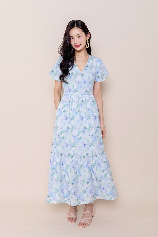 Garden of Eden Buttons Dress in Blue Daisies
