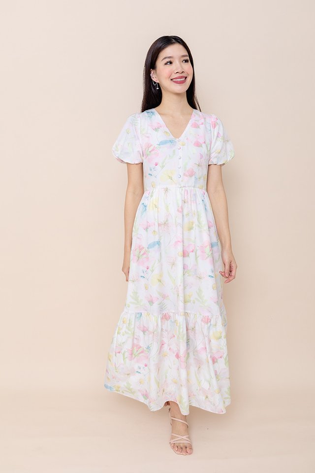 Garden of Eden Buttons Dress in Pastel Daisies