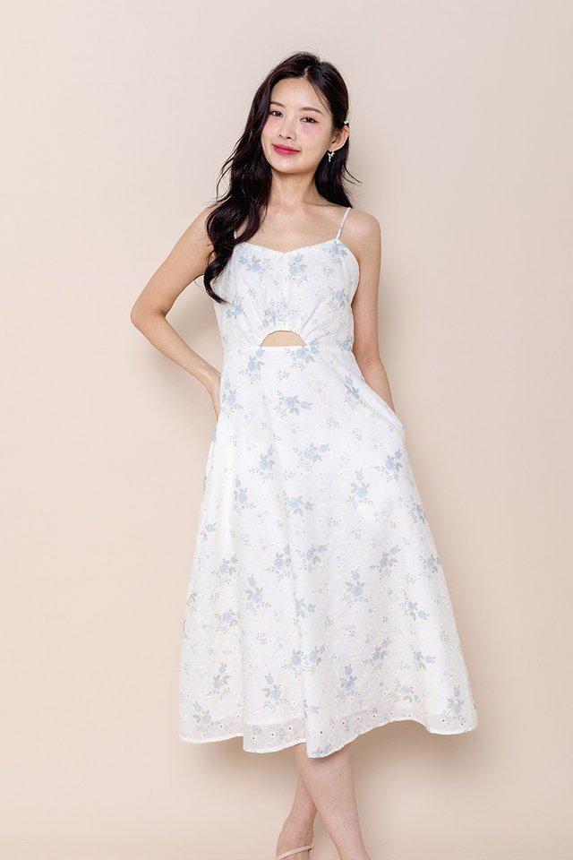 Blooming Beauty Peekaboo Spag Dress in Blue Eyelet