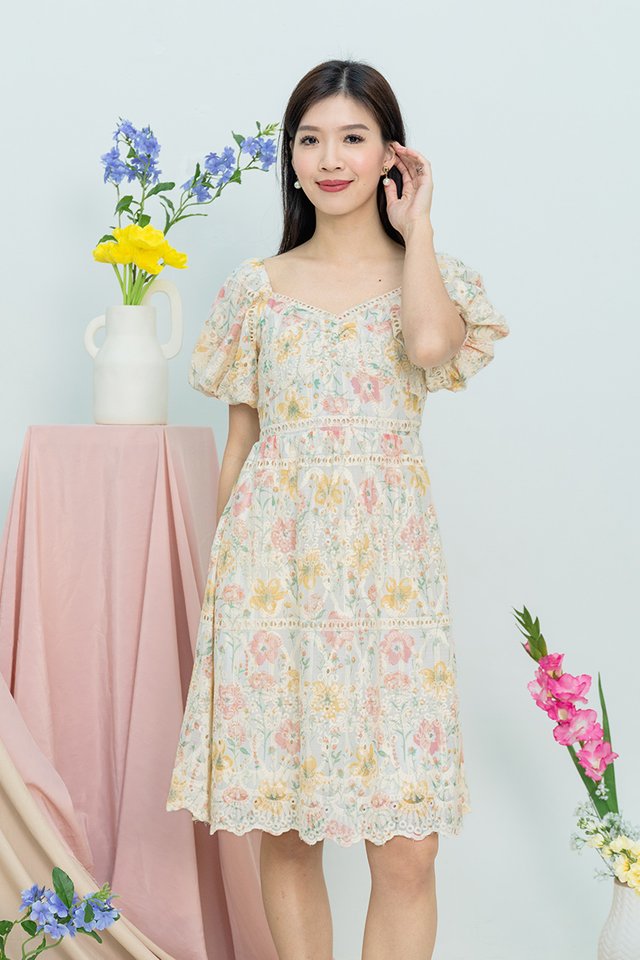Garden Party Crochet Dress in Coral Yellow