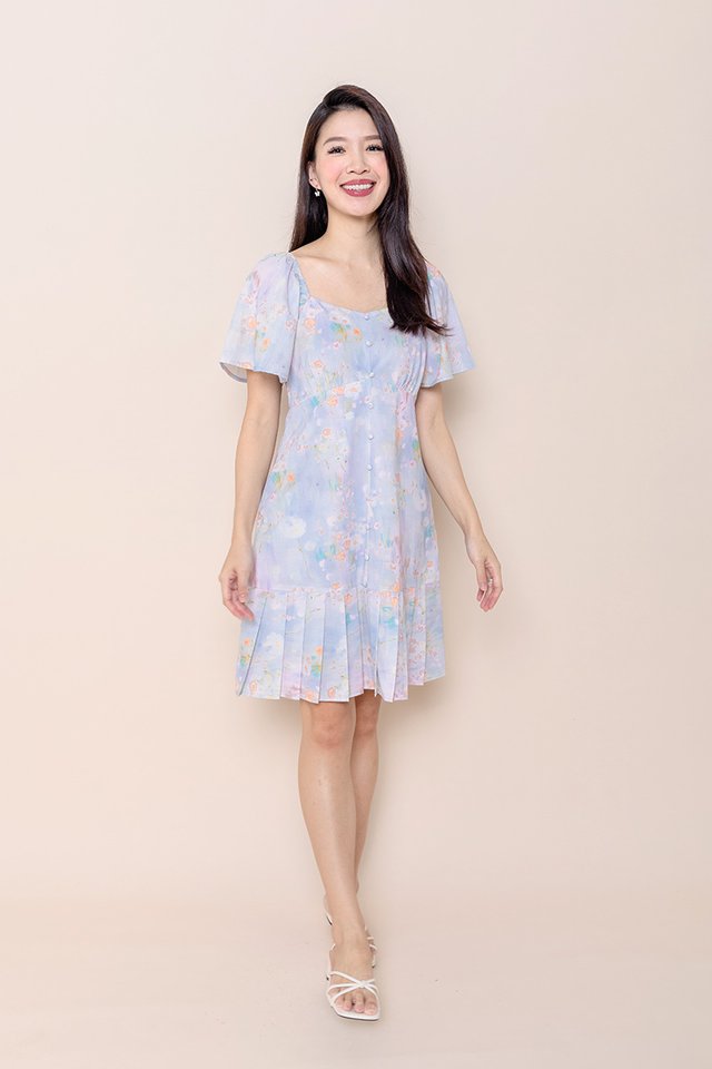 Joyous Pleated Buttons Dress Romper in Lilac Watercolours