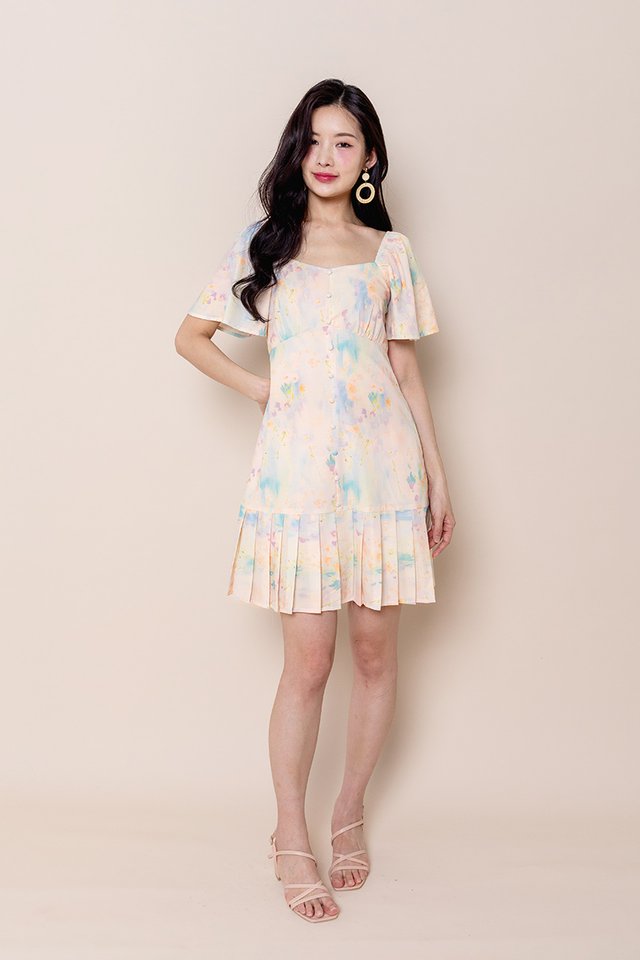 Joyous Pleated Buttons Dress Romper in Sunset Watercolours