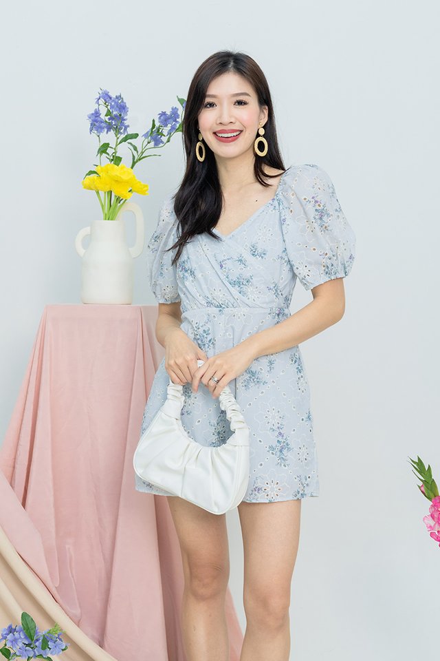 Lovely Seasons Eyelet Floral Romper in Winter Blue