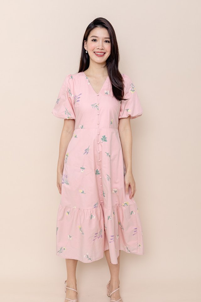 Lush Florals Puffy Sleeves Dress in Pink Embroidery