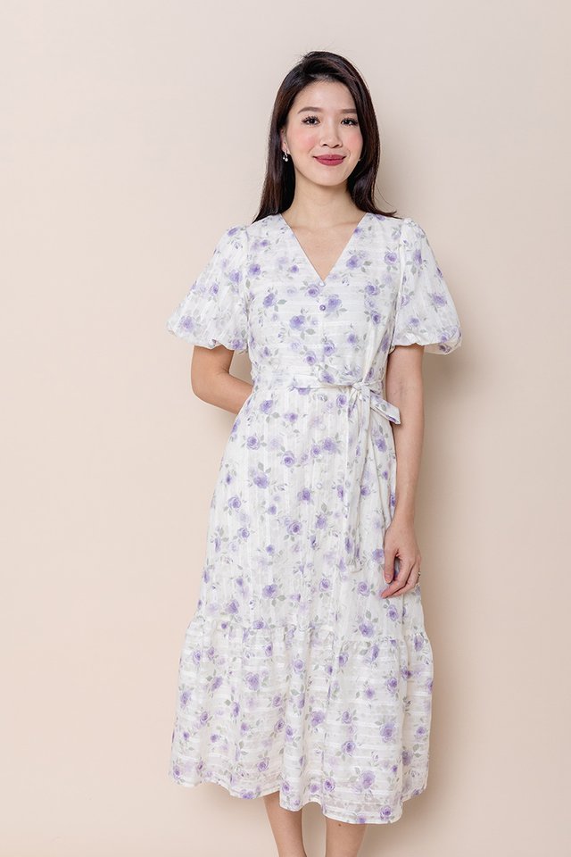 Lush Florals Puffy Sleeves Dress in Wisteria Roses