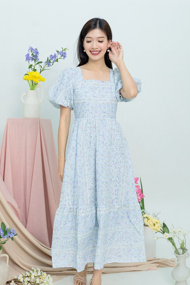 (NEW FABRIC!) Seasons of Love Puffy Sleeves Dress in Powder Blue Eyelet