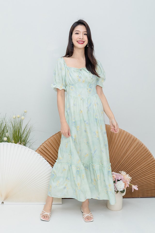 Camellia Floral Ruffle Dress in Mint Florals