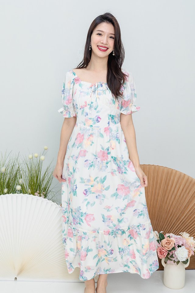 Camellia Floral Ruffle Dress in Pink Blossom