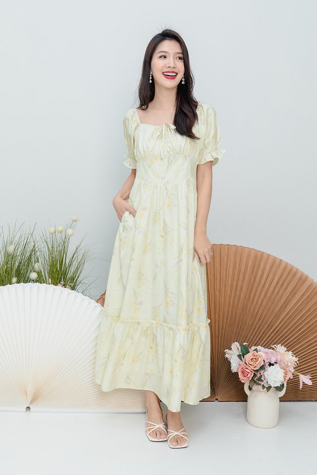 Camellia Floral Ruffle Dress in Yellow Florals