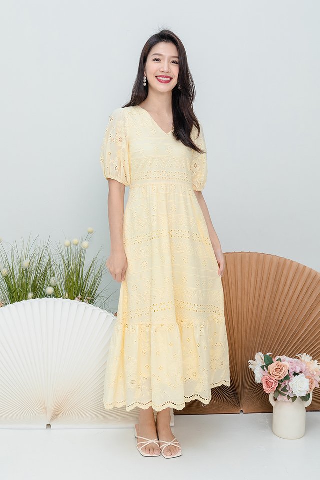 Florence Eyelet V-Neck Dress in Daffodil Yellow