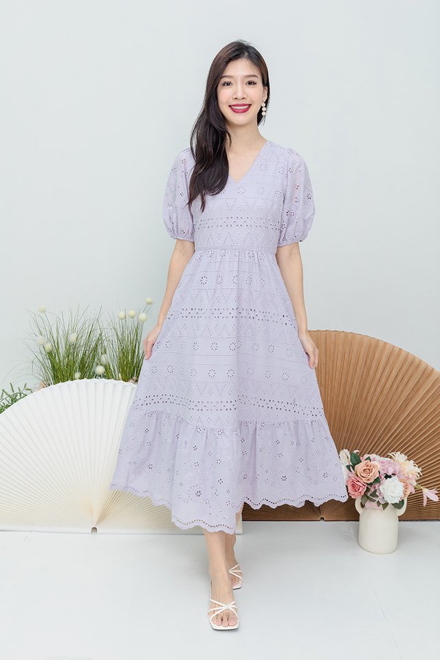 Florence Eyelet V-Neck Dress in Dusty Lilac