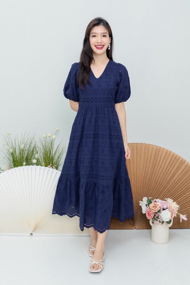 Florence Eyelet V-Neck Dress in Navy