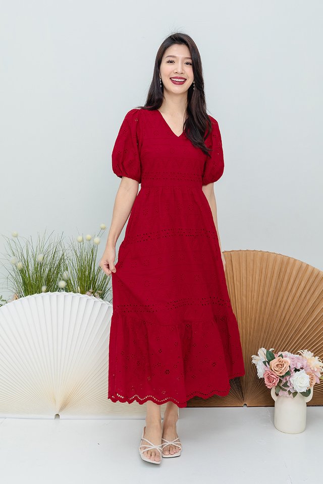 Florence Eyelet V-Neck Dress in Red