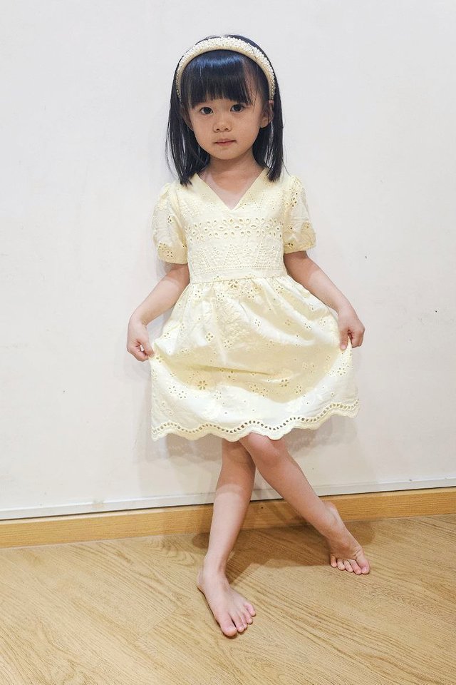 Florence Eyelet V-Neck Girls Dress in Daffodil Yellow