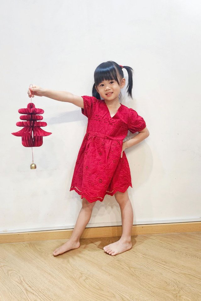 Florence Eyelet V-Neck Girls' Dress in Red