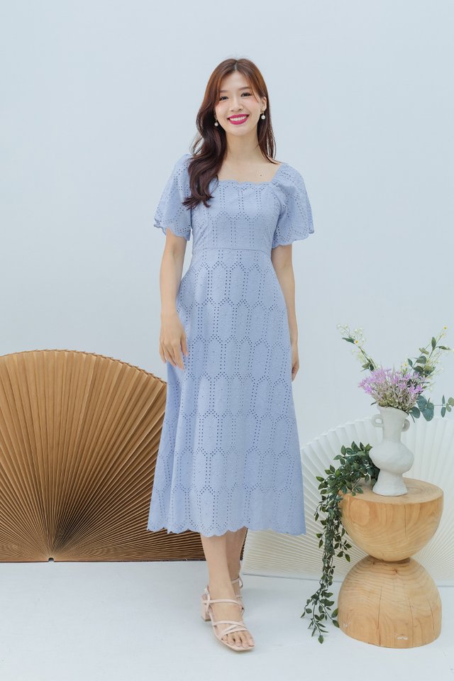 Claire Scalloped Hem Dress in Soft Blue
