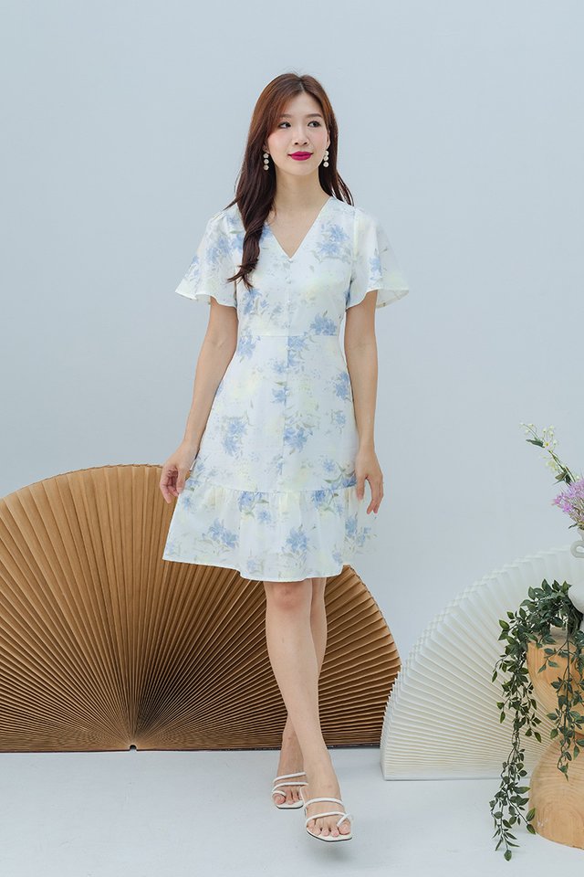 Floral Belle Buttons V-Neck Dress in Blue Lilies