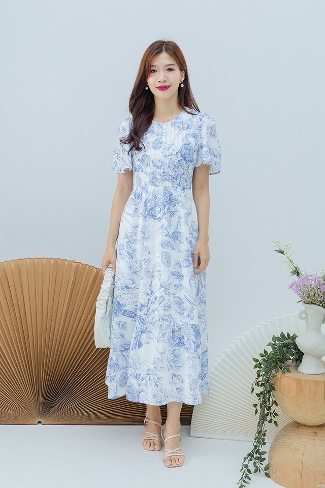 (NEW PRINT!) Parisienne Pleated Buttons Dress in Blue Camellia