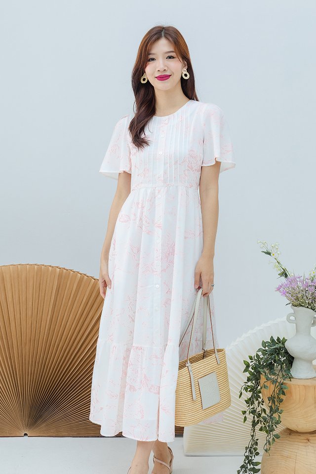 (NEW PRINT!) Parisienne Pleated Buttons Dress in Pink Camellia