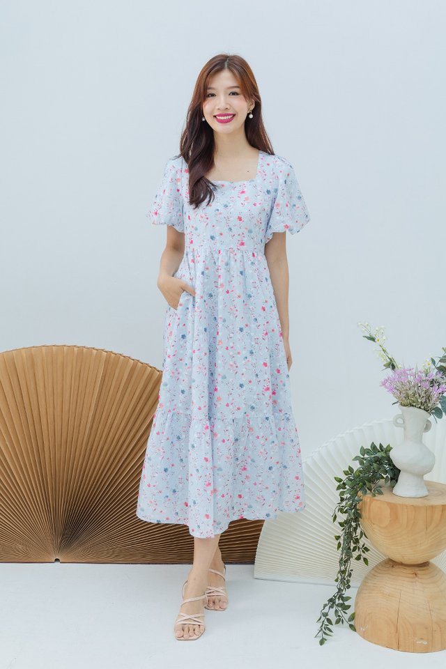 (NEW FABRIC!) Seasons of Love Puffy Sleeves Dress in Blue Garden Florals